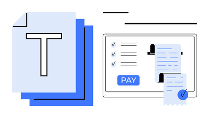 Documents alongside digital bill payment screen with approval checks, receipt, and Pay button. Ideal for digital transactions, financial operations, online payment, organization, efficiency