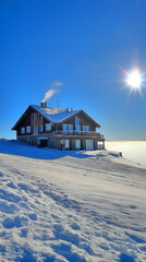 Cozy Wooden Chalet Nestled in a Snowy Mountain Landscape under a Bright Blue Sky