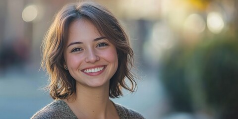 Obraz premium Smiling Young Woman with Short Wavy Hairstyle in Natural Light Portrait Session for Visual Content