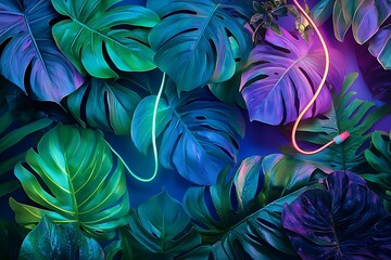 Vibrant neon green and blue lights intertwined with tropical foliage.