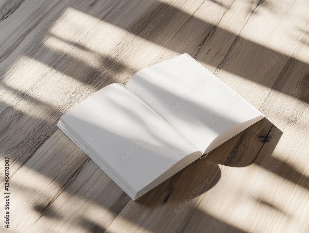 Poster sunlight reading material open on wooden surface with soft shadows creating visual texture and depth