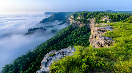 Fototapeta premium Morning mist over valley cliffs, scenic vista