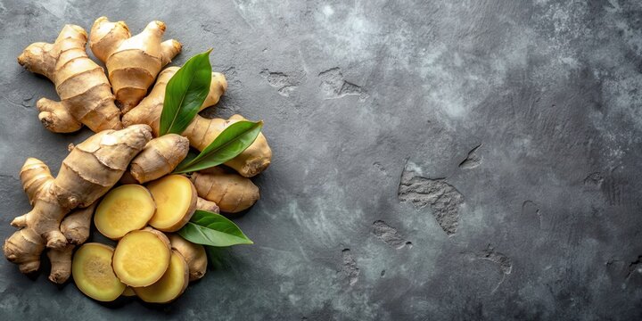 Sliced fresh ginger on rustic stone background, food styling tips