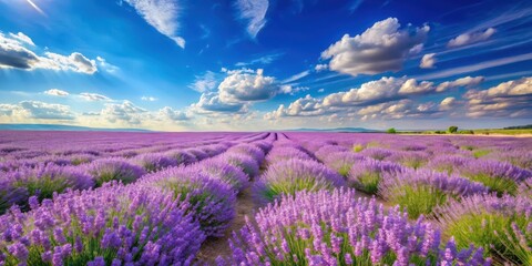 Fototapeta premium Lavender field in full bloom with delicate wildflowers surrounding it, under a bright blue sky with few clouds , field flowers, spring flowers