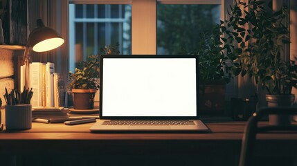 Tranquil Workspace with Laptop Glowing Screen Books and Indoor Plants Creating Calm Home Office Vibe