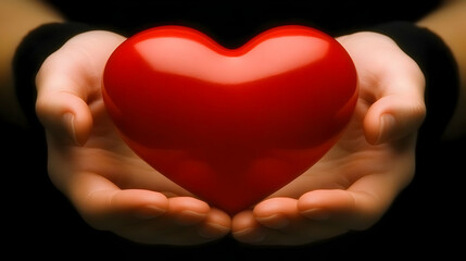 Obraz premium Two Hands Gently Hold a Shiny Red Heart in a Tender Embrace against a Dark Background