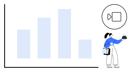 Businesswoman presenting data analysis with bar graph display. Ideal for business analytics, presentations, video conferencing, data interpretation, online meetings, virtual communication