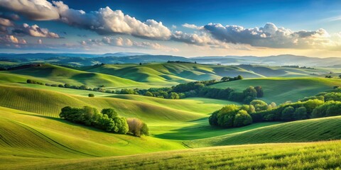 Fototapeta premium Serene landscape with rolling hills and a clear horizon over the land amidst lush greenery and blue sky, capturing a sense of tranquility and vastness , scenery, earthy tones