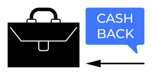 Black business briefcase next to a blue speech bubble labeled Cash Back with a black leftward arrow. Ideal for finance, business rewards, investment returns, savings, cashback offers, financial