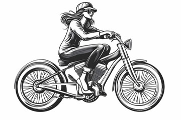 Woman rides a vintage motorcycle gracefully and confidently, showcasing a classic style.