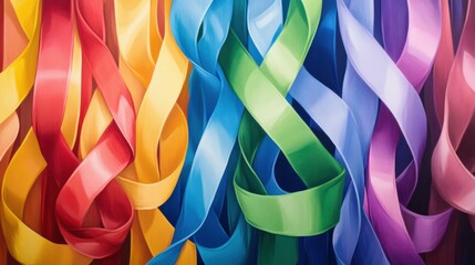 Rainbow-colored ribbons draped across a pride flag, creating a vibrant display of unity.