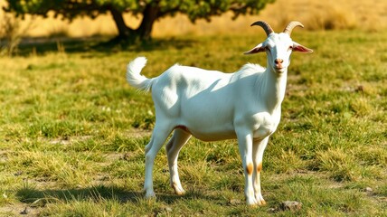 Fototapeta premium White goat standing in a grassy field near a tree on a sunny day in nature