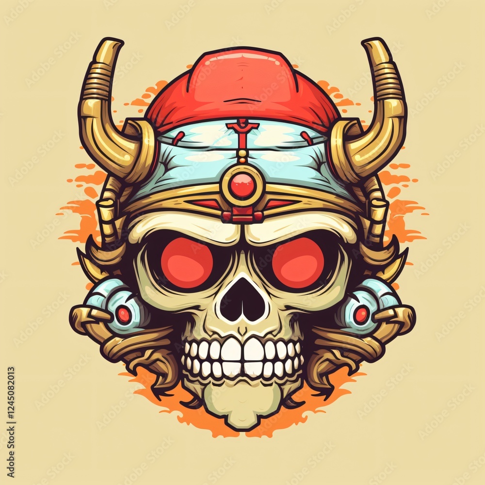 Poster unique skull design featuring horns and vivid red eyes with intricate details and a colorful backdro