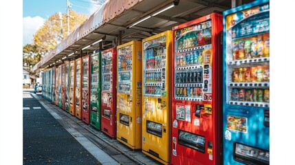 Colorful vending machines line a street, autumn day, Japan