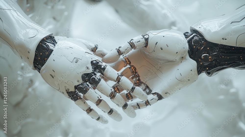 Aufkleber close-up of two robotic hands gently touching, symbolizing connection and technology in a futuristic
