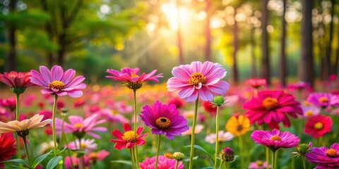 Obraz premium Colorful flowers blooming in the wild with vibrant pink petals and green leaves, set against a natural background of trees and foliage, nature, flower field