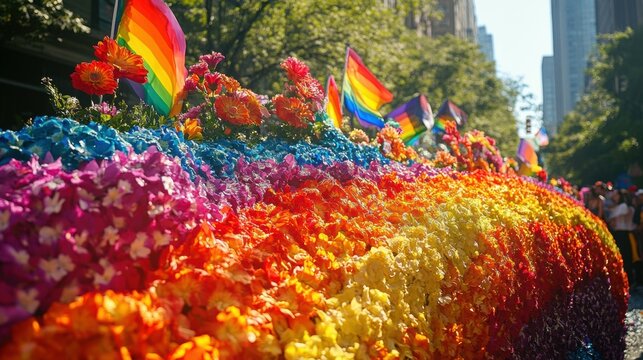A parade float covered in rainbow ribbons, with flowers in pride colors and flags waving from the back.