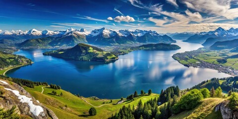 Fototapeta premium Breathtaking panoramic view of Lake Lucerne surrounded by majestic Swiss Alps from the summit of Rigi Kulm peak, snow-capped mountains, serene landscape