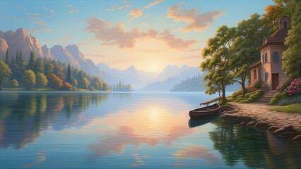Fototapeta premium A serene landscape featuring a rustic wooden cabin nestled among vibrant autumn trees in shades of orange and gold.