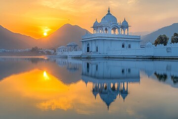 Obraz premium Sunrise over lake temple, mountains backdrop, peaceful scene, travel photography