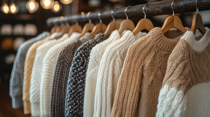 Warm, cozy knit sweaters hanging on wooden rack in retail store. Neutral earth tones, various textures and styles. Perfect for fall or winter fashion.