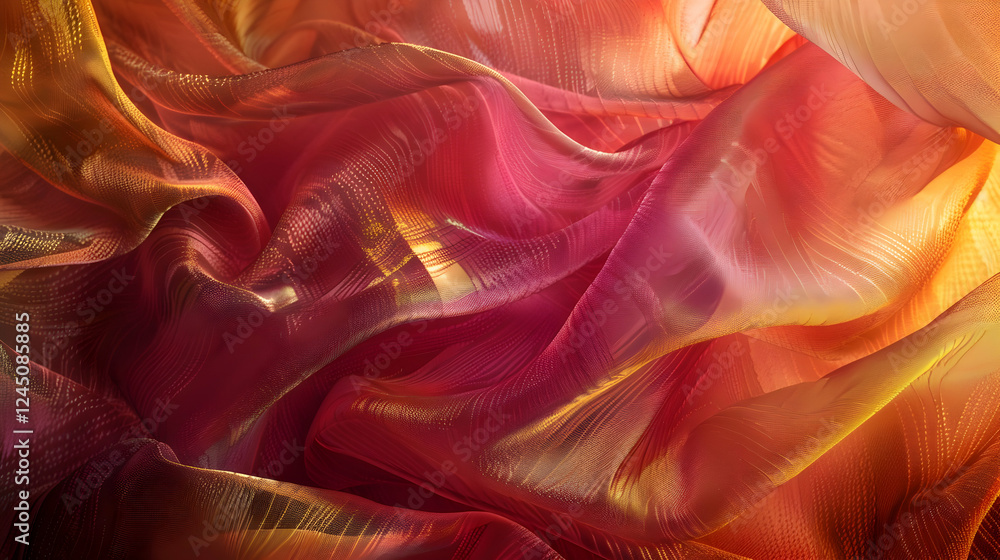 Poster colorful flowing fabric texture with warm hues, creating a vibrant and dynamic background