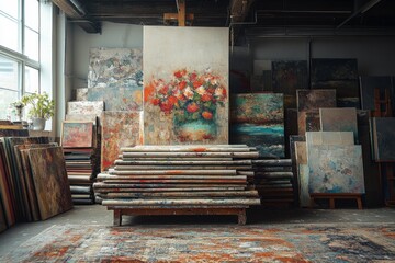 Fototapeta premium Layers of Textured Canvas Rolls Displayed Vertically with Varying Sizes and Textures in an Artistic Arrangement