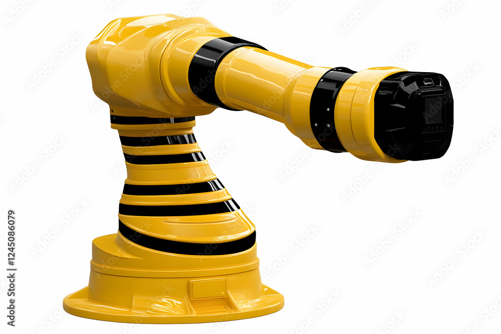 Poster yellow and black robotic arm extends with precision, ready for automated tasks in a modern factory s