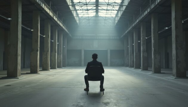 Solitary Man In Suit Sitting In Abandoned Warehouse With Tall Columns
