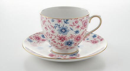 A beautifully decorated porcelain teacup with a floral pattern and a matching saucer.
