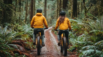 Obraz premium Couple biking forest trail, lush green background, adventure
