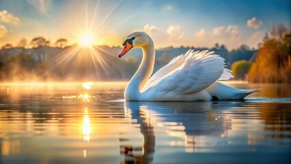 Fototapeta premium Majestic White Swans Swimming Gracefully, Elegant Birds on Calm Water, Beautiful Swan Lake Scene, Wildlife Photography