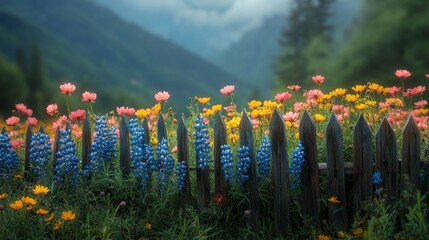 Enchanted Wildflower Meadow: A Serene Haven of Colorful Blooms and Wooden Charm in Nature's Embrace