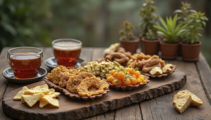 Outdoor Table With Fried Snacks, Tea Glasses, And Terracotta Plants Under Soft Natural Light