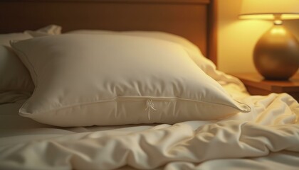 Cozy Bedroom With Soft White Pillow, Warm Light, And Inviting, Rumpled Bedding