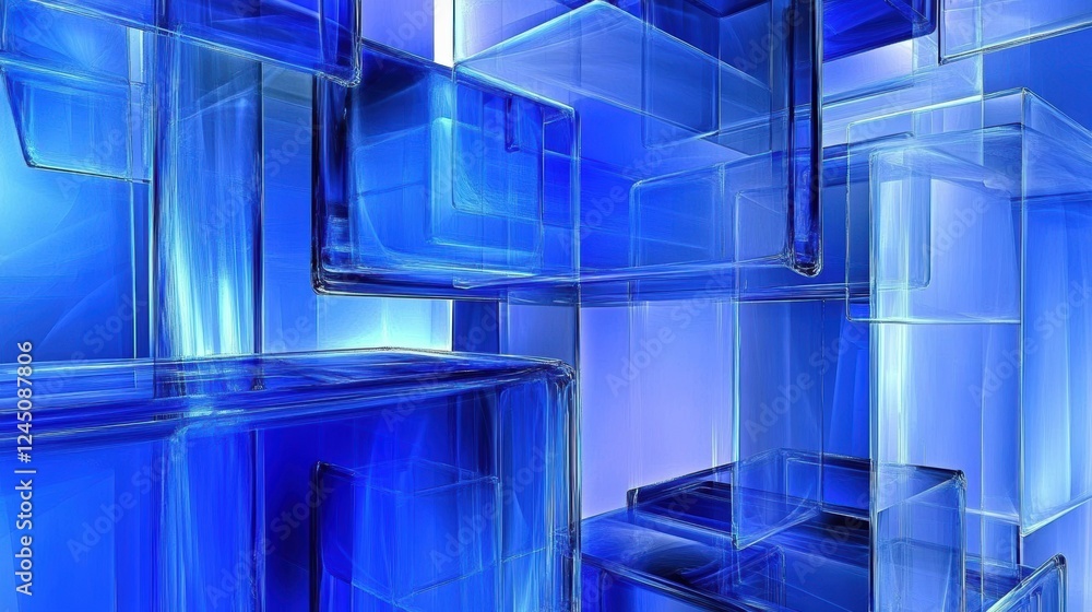 Poster a captivating arrangement of translucent blue blocks, creating a visually striking pattern with ligh