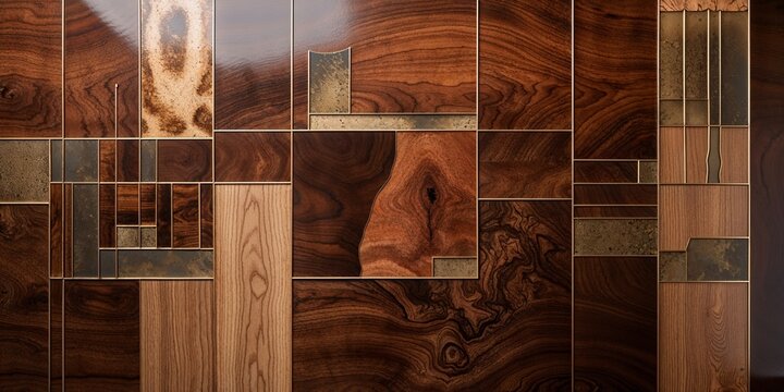 Luxurious Wood Panel Wall with Geometric Bronze Accents in Interior Design Setting