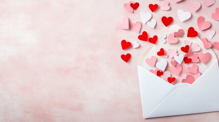 Love Letter Surprise: An envelope overflowing with pink and red paper hearts, creating a romantic and whimsical scene perfect for Valentine's Day or expressing heartfelt affection.