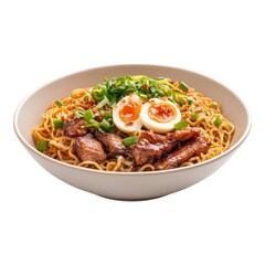 Fototapeta premium Spicy Pork Noodles: A delectable bowl of ramen noodles topped with savory, succulent pork, sliced eggs, and fresh green onions.