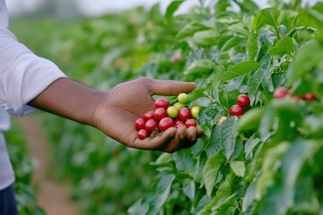 Hand holding a handful of red and green berries, picked from a lush green plant.