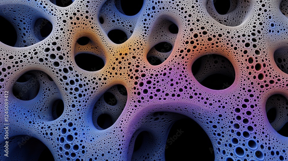 Poster a vibrant, abstract close-up of porous structures showcasing intricate patterns and vivid colors, cr