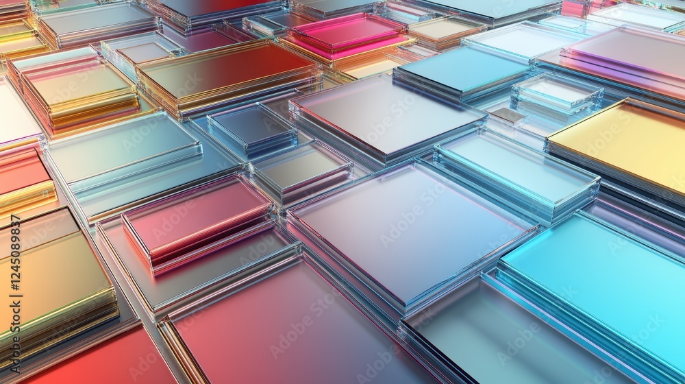 Poster a vibrant array of translucent rectangular panels, layered in various colors, creating a visually st