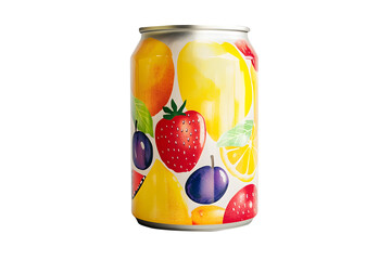 Aluminum can of canned fruit with colorful vibrant label featuring illustrations of assorted isolated on cut out PNG or transparent background. Perfect for advertising concept. labelled of fruit.