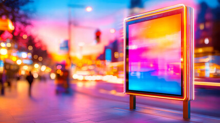 Obraz premium Urban Glow: A vibrant cityscape is illuminated by a glowing digital billboard, showcasing an eye-catching image against a backdrop of twinkling city lights.