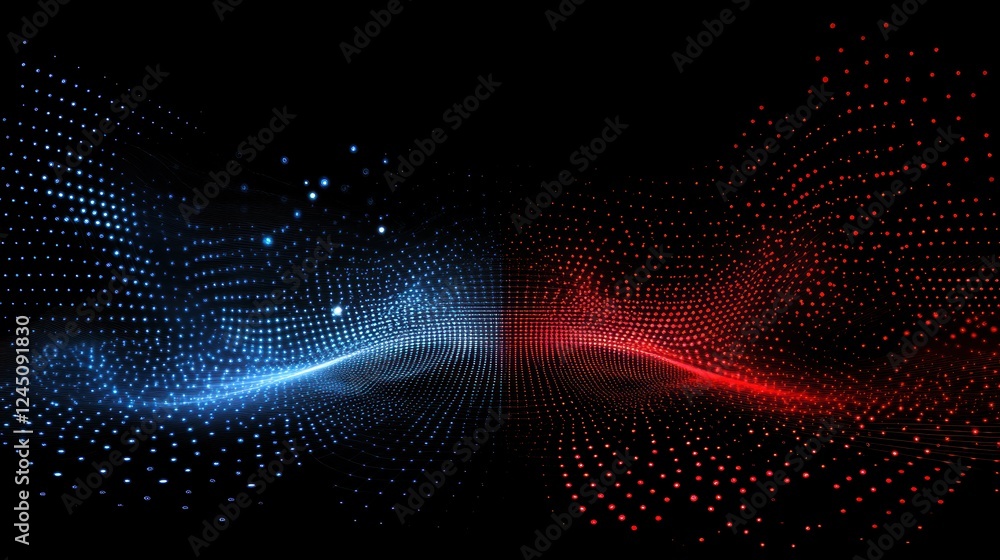 Poster a vibrant abstract visualization featuring swirling blue and red particle flows against a black back