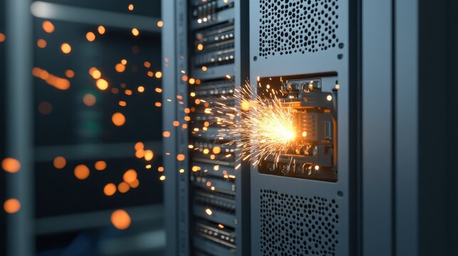 Sparks erupting from a server rack, indicating a malfunction or short circuit.