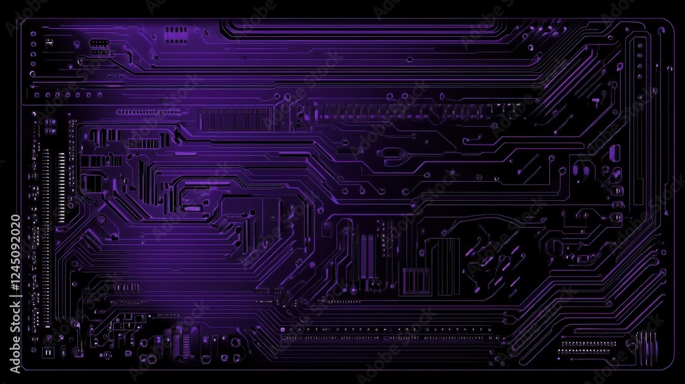Poster a vibrant purple circuit board design showcasing complex connections and patterns on a dark backgrou