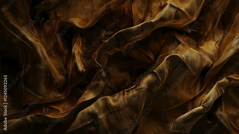 Poster close-up view of crumpled, textured fabric in warm tones, creating an abstract background
