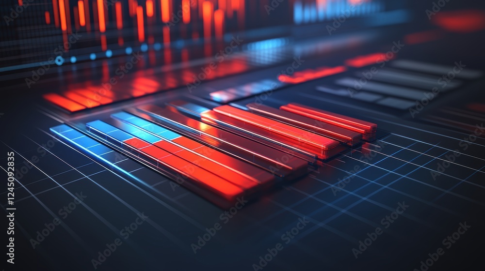 Poster a futuristic digital interface displays vibrant red and blue graphical data visualizations, suggesti