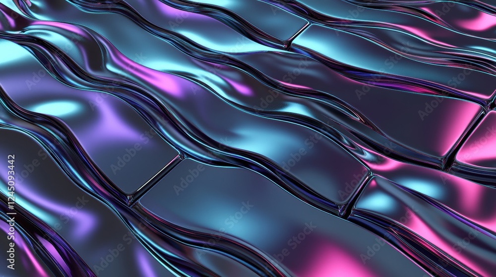 Poster the image features a vibrant, wavy pattern with iridescent colors, creating a dynamic, fluid visual 